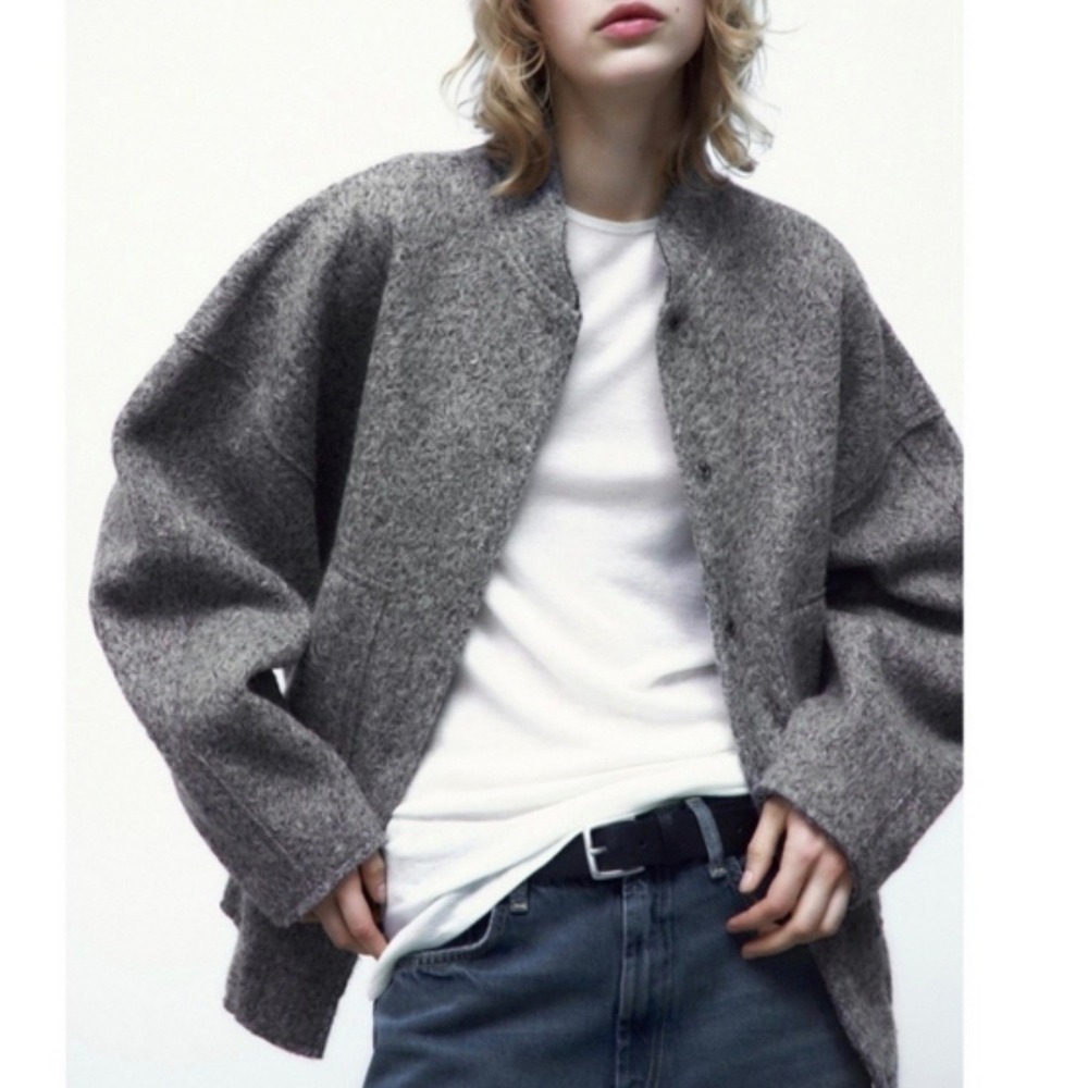 ZARA Oversized Bomber Jacket Gray Marl M-L  Boucle Coat Drop Shoulder Sold Out